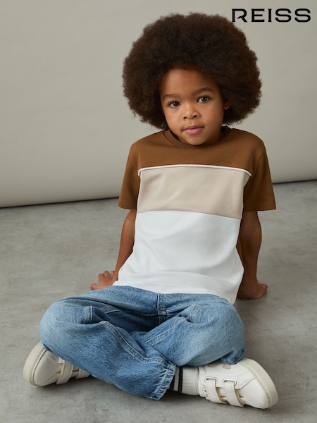Reiss Tobacco Brown Multi Cole 9-13 yrs Cotton Colour-Block Piped T-Shirt (AP0329) | £20