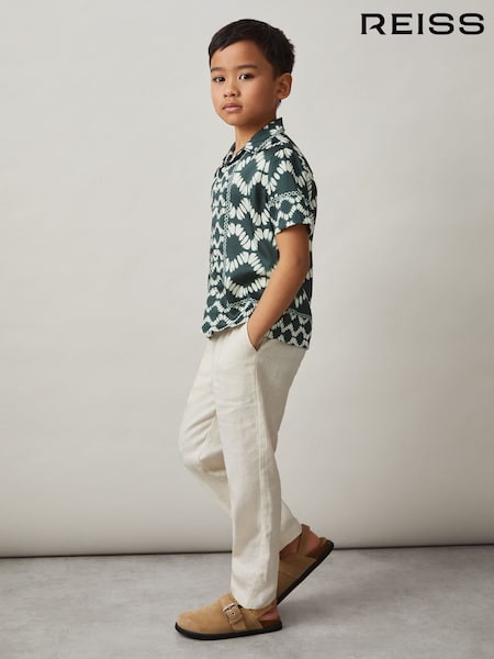 Reiss Green Maki Abstract Print Cuban Collar Shirt (AP0338) | £46