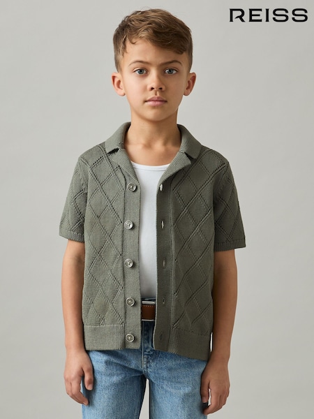 Reiss Dark Sage Filby Cotton-Blend Diamond Knit Shirt (AP0367) | £42