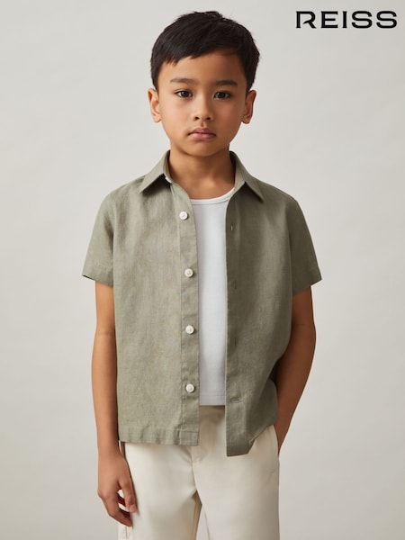 Reiss Thyme Green Holiday Linen Short-Sleeve Shirt (AP0372) | £34