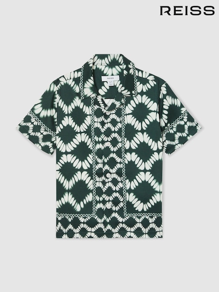 Reiss Green Maki Abstract Print Cuban Collar Shirt (AP0373) | £48
