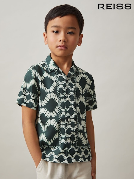 Reiss Green Maki Abstract Print Cuban Collar Shirt (AP0384) | £42