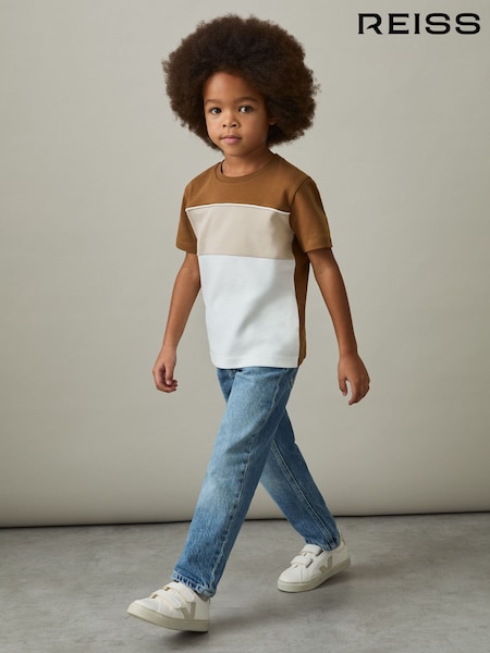 Reiss Tobacco Brown Multi Cole 3-9 yrs Cotton Colour-Block Piped T-Shirt (AP0391) | £16