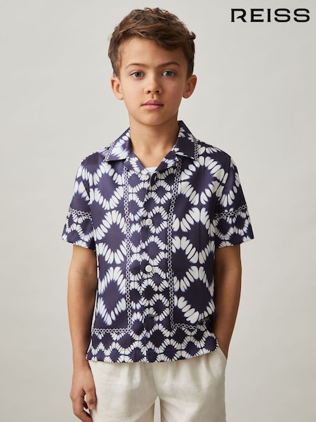 Reiss Blue Maki Abstract Print Cuban Collar Shirt (AP0421) | £46