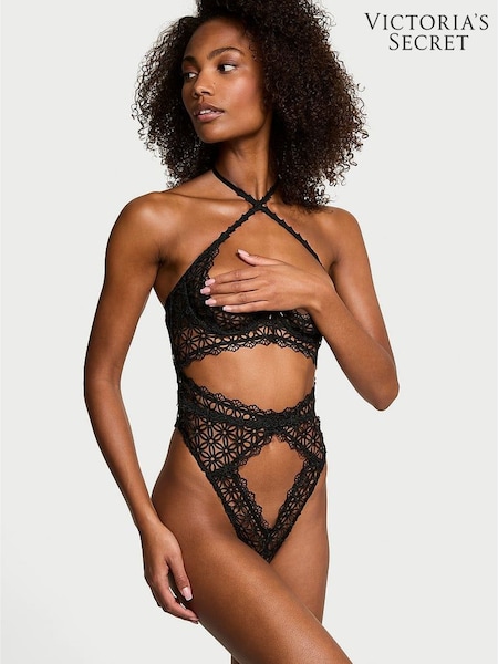Victoria's Secret Black Geo Daisy Lace Open Cup Bodysuit (AP0429) | £75