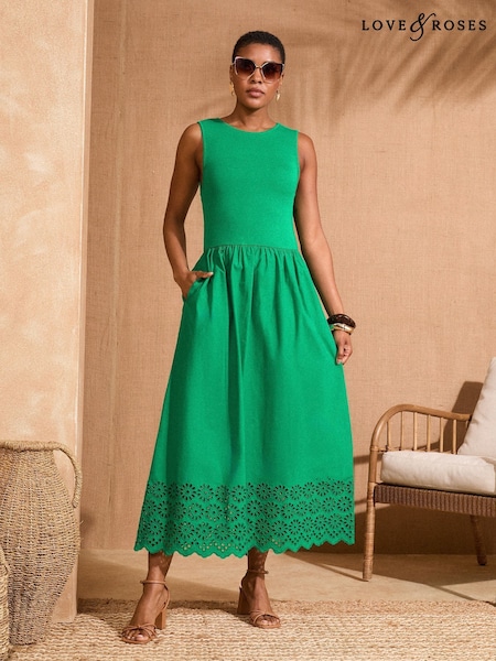 Love & Roses Bright Green Jersey Broderie Midi Dress (AP0456) | £46