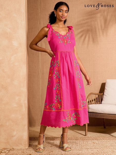 Love & Roses Coral Pink Petite Embroidered Scallop Detail Midi Sun Dress (AP0457) | £69