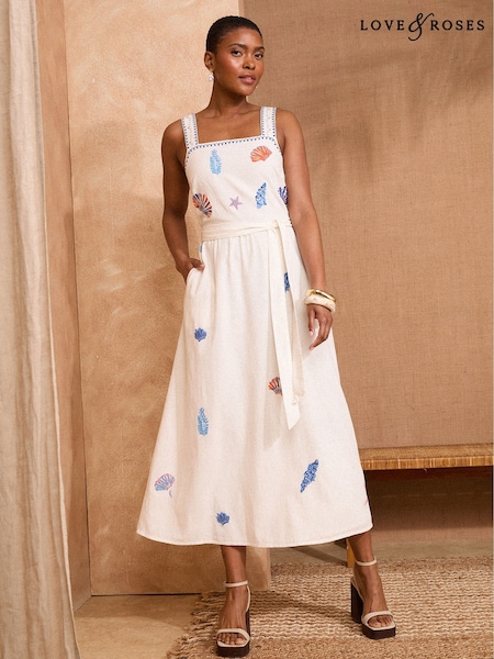 Love & Roses White Shell Embroidered Midi Sundress (AP0458) | £69