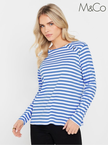 M&Co Blue Petite Stripe Button 100% Cotton Top (AP0605) | £20