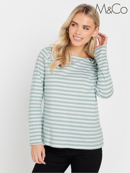M&Co Green Petite Stripe Button 100% Cotton Top (AP0607) | £20