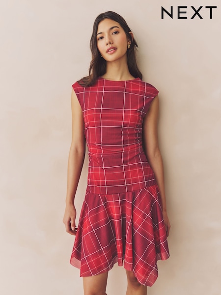 Red Check Mesh Asymetric Short Sleeve Mini Dress (AP0610) | £30