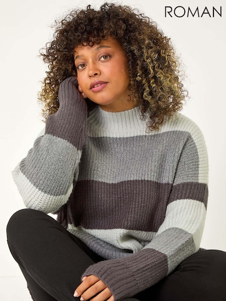 Roman Grey Curve Colour Block Stripe Knit Jumper (AP0656) | £48