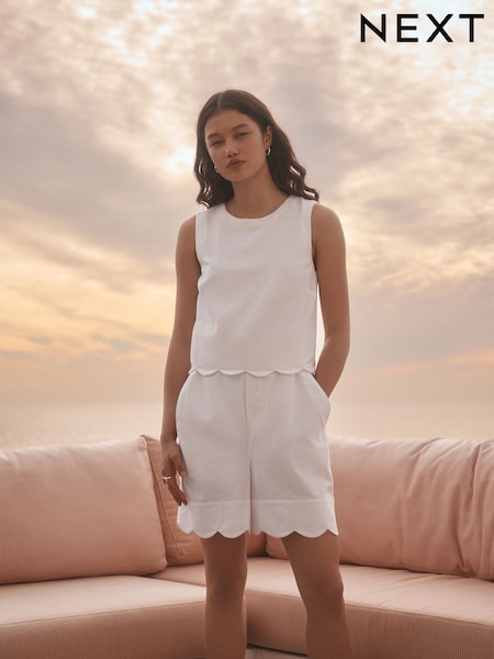 White Sleeveless Scallop Edged Playsuit (AP0854) | £45