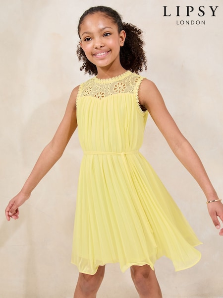 Lipsy Lemon Yellow Pleated Lace Yoke Occasion Dress (5-16yrs) (AP0872) | £49 - £57
