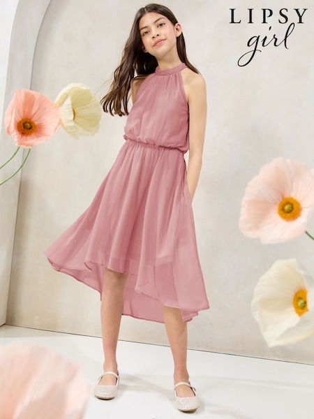 Lipsy Pink Halter Bubble Waist Occasion Dress (7-16yrs) (AP0892) | £39 - £47