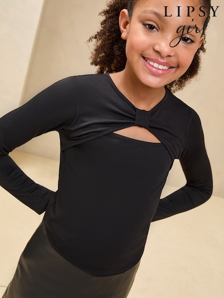 Lipsy Black Long Sleeve Bow Detail Top (5-16yrs) (AP0895) | £14 - £22