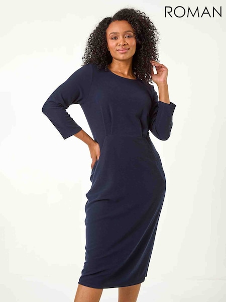 Roman Blue Petite Ribbed Pocket Detail Midi Dress (AP0949) | £45