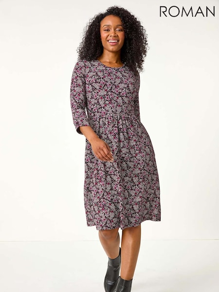 Roman Purple Petite Floral Print Gathered Waist Dress (AP0955) | £42