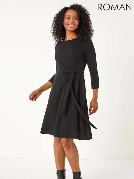 Roman Black Petite Ribbed Tie Waist Detail Dress (AP0976) | £45