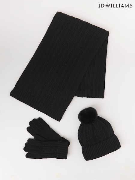 JD Williams Black Cable Knit Hat Gloves Scarf Set (AP1006) | £38