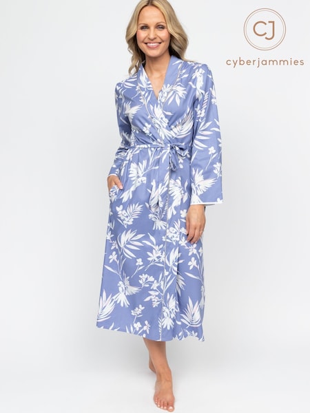 Cyberjammies Blue Nora Rose Floral Print Long Sleeve Long Dressing Gown (AP1025) | £49