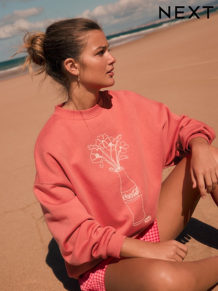 Red Official Coca Cola License Embroidered Flower Vase Coke Bottle Graphic Relaxed Fit Crew Neck Sweatshirt (AP1065) | £34