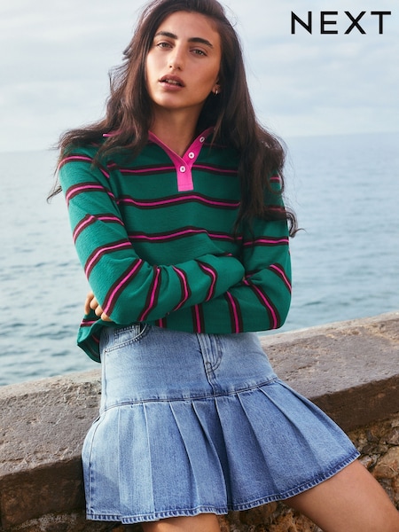 Bright Green/Pink Chocolate Contrast Henley Collar Stripe Rugby Polo Sweatshirt (AP1082) | £20
