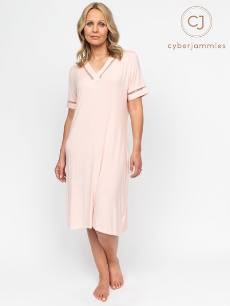 Cyberjammies Pink Nora Rose Lace Detail Jersey Short Sleeve Long Nightdress (AP1450) | £40