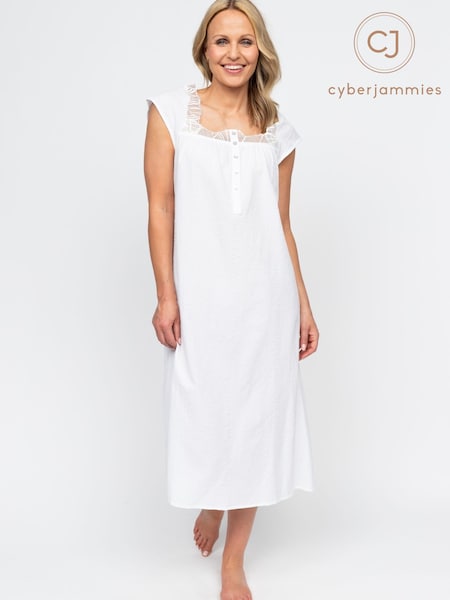 Cyberjammies White Nora Rose Detail Seersucker Long 100% Cotton Nightdress (AP1471) | £40