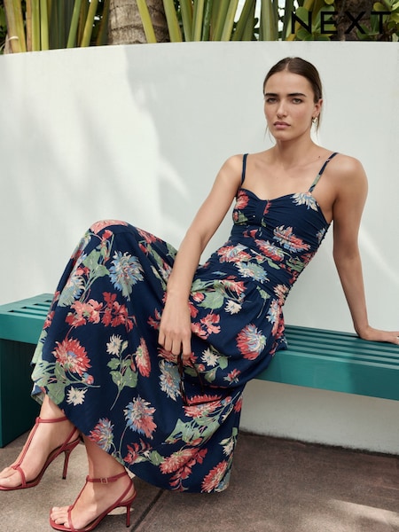 Navy Floral Ruched Strappy Midi Dress (AP2237) | £60