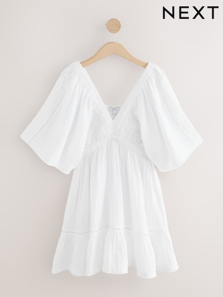 White Textured V-Neck 100% Cotton Mini Dress (AP2247) | £40