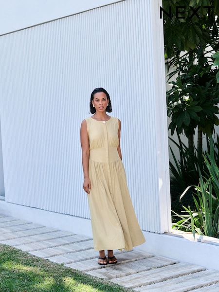Stone Sleeveless Button Down Waisted Midi Dress (AP2253) | £50