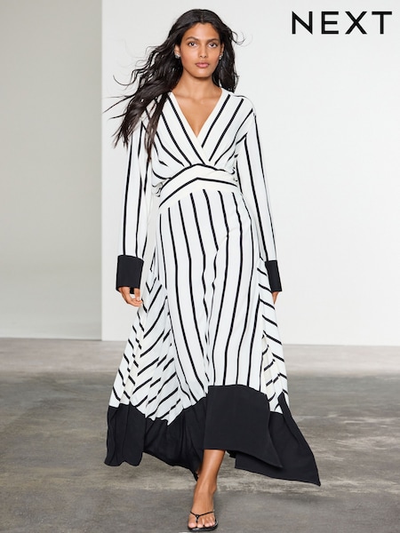 Black & White Stripe Asymmetric Kaftan Maxi Dress (AP2260) | £68