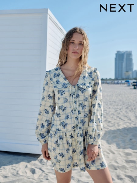 Blue Floral Check Mini Frill Collar Tiered Boho Dress (AP2266) | £40