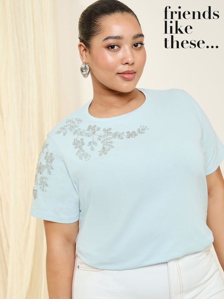 Friends Like These Pale Blue Curve Floral Embellished 100% Cotton T-Shirt (AP2275) | £30