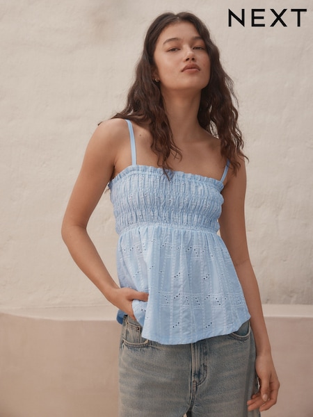 Blue/White Sleeveless Shirred Broderie Cami (AP2368) | £21
