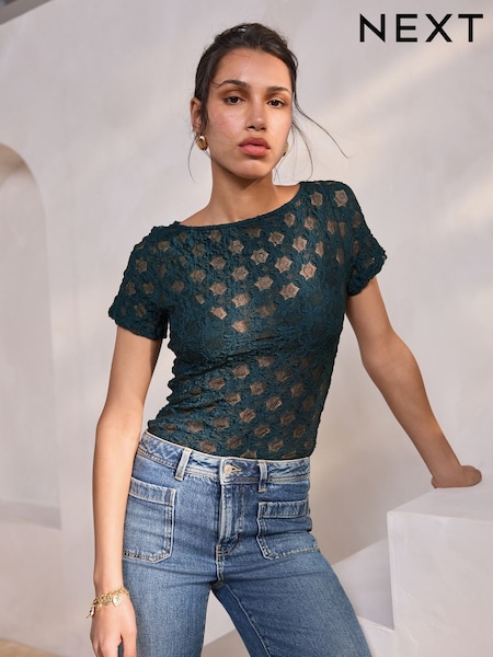Navy Floral Lace Short Sleeve T-Shirt (AP2375) | £28