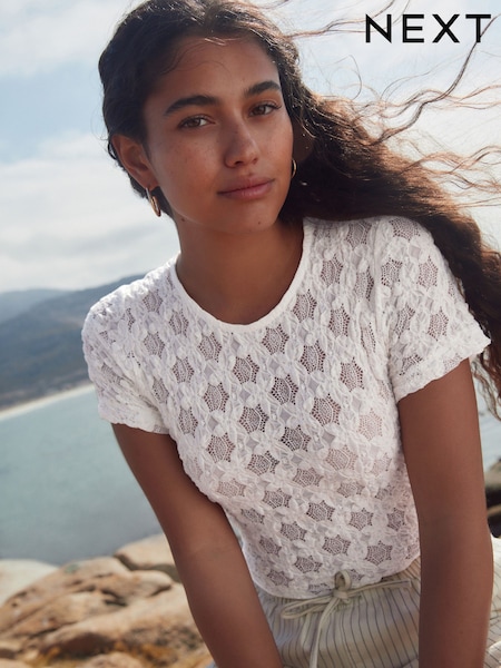 White Floral Lace Short Sleeve T-Shirt (AP2377) | £28