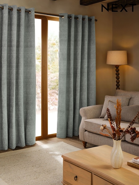 Grey Blue Heavyweight Chenille Eyelet Super Thermal Curtains (AP2532) | £70 - £210