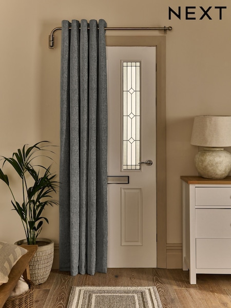 Grey Blue Heavyweight Chenille Super Thermal Eyelet Door Curtains (AP2535) | £55 - £75