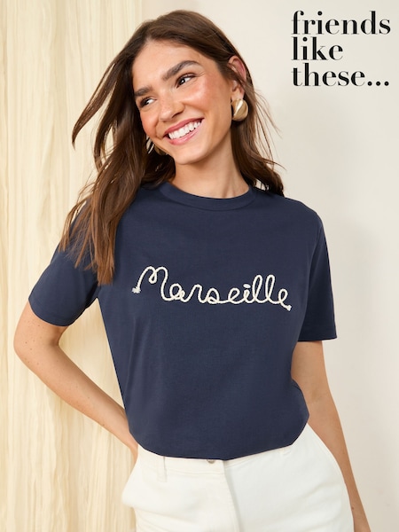 Friends Like These Navy Short Sleeve Rope Embroidered T-Shirt (AP2957) | £22