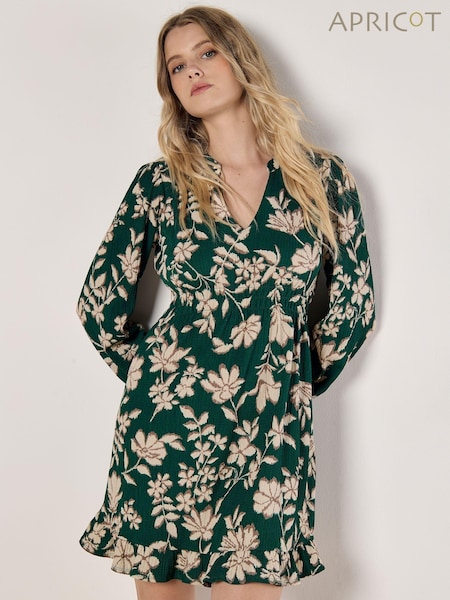 Apricot Green Crinckle Ikat Floral Shirred Dress (AP4311) | £39