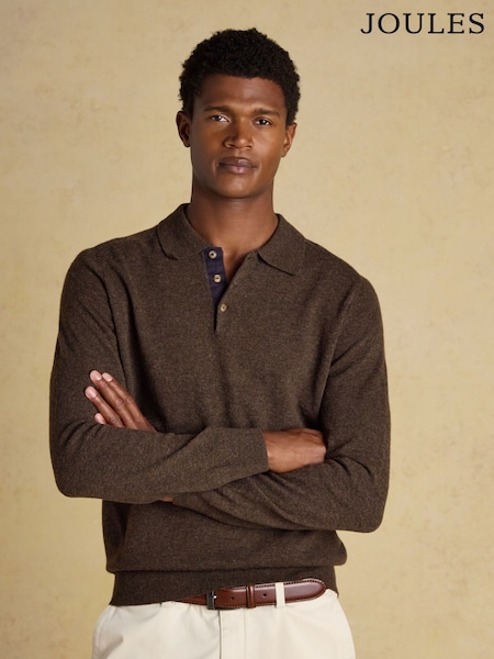 Joules Sampson Lambswool Brown Long Sleeve Knitted Polo Shirt (AP4343) | £60