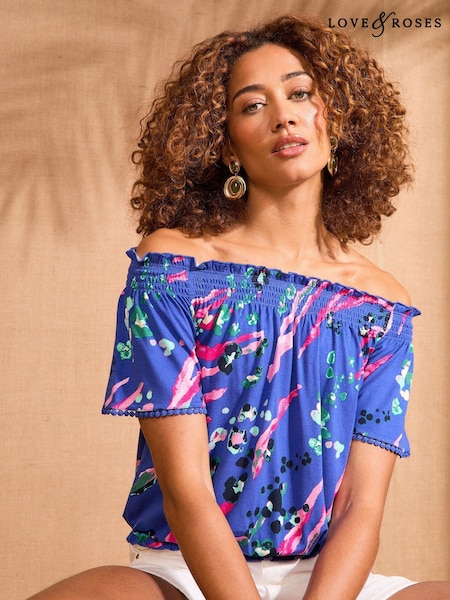 Love & Roses Blue Abstract Print Bardot Jersey Top (AP4464) | £26
