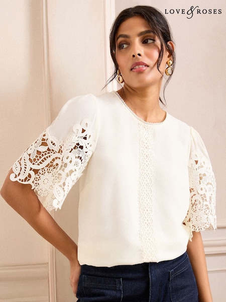 Love & Roses Ivory Petite Crew Neck Lace Short Sleeve Blouse (AP4488) | £40