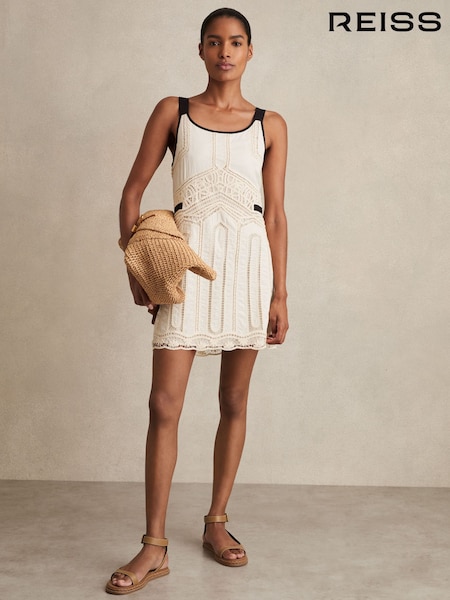 Reiss Cream Charlotte Cotton Crochet-Detail Mini Dress (AP4596) | £198