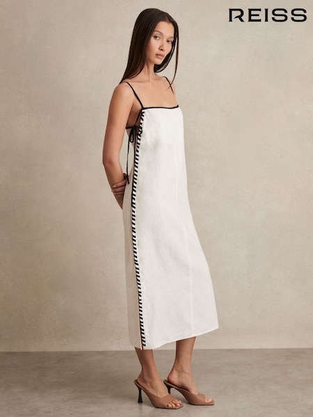 Reiss Ivory Dakota Linen Whipstitch Tie-Strap Midi Dress (AP4611) | £170
