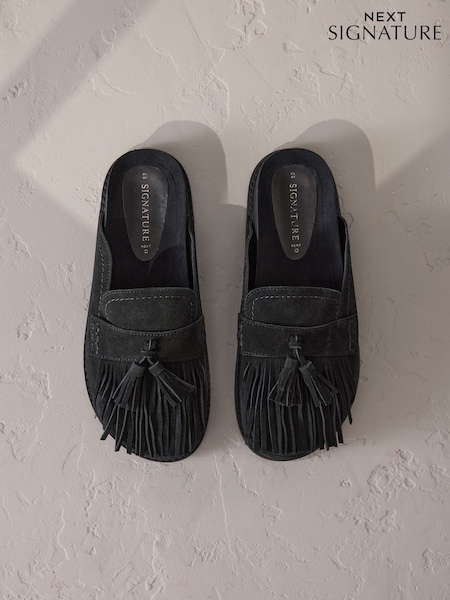 Black Signature Premium Leather Suede Fringe Footbed Mules (AP4619) | £58