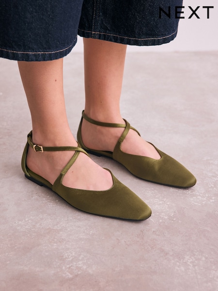 Green Satin Forever Comfort® Pointed Toe Ankle Strap Shoes (AP4632) | £34