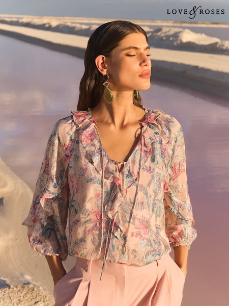 Love & Roses Pink Metallic VA Metallic Floral Print 3/4 Sleeve Blouse With Tie Detail (AP5071) | £48